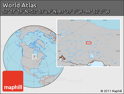 Gray Location Map of the Area around 52° 30' 23" N, 89° 10' 30" W