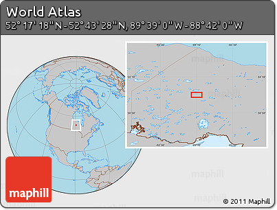 Gray Location Map of the Area around 52° 30' 23" N, 89° 10' 30" W