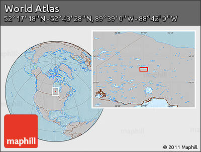 Gray Location Map of the Area around 52° 30' 23" N, 89° 10' 30" W, hill shading