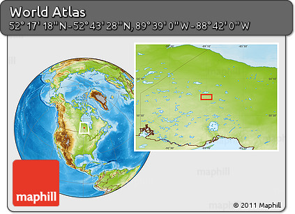 Physical Location Map of the Area around 52° 30' 23" N, 89° 10' 30" W