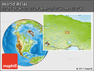 Physical Location Map of the Area around 52° 30' 23" N, 89° 10' 30" W