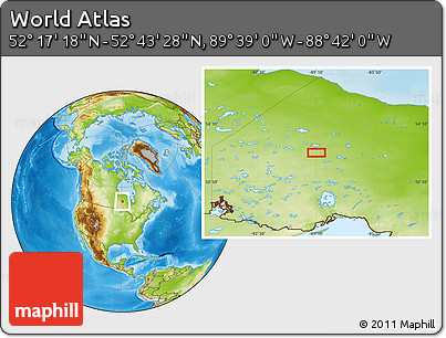 Physical Location Map of the Area around 52° 30' 23" N, 89° 10' 30" W