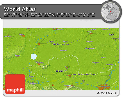Physical 3D Map of the Area around 52° 30' 23" N, 8° 34' 29" E