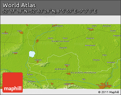 Physical 3D Map of the Area around 52° 30' 23" N, 8° 34' 29" E
