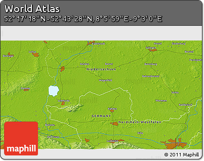 Physical 3D Map of the Area around 52° 30' 23" N, 8° 34' 29" E
