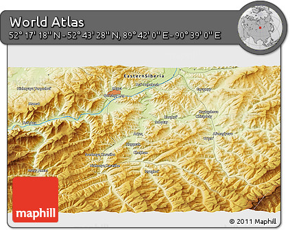 Physical 3D Map of the Area around 52° 30' 23" N, 90° 10' 30" E