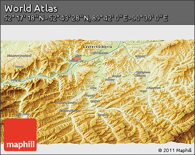 Physical 3D Map of the Area around 52° 30' 23" N, 90° 10' 30" E