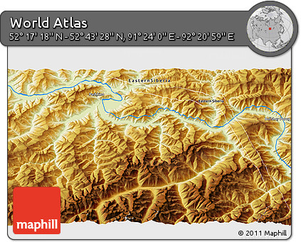 Physical 3D Map of the Area around 52° 30' 23" N, 91° 52' 30" E