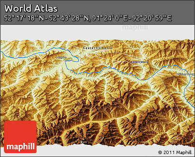 Physical 3D Map of the Area around 52° 30' 23" N, 91° 52' 30" E