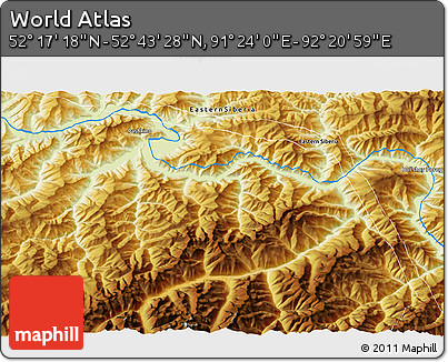 Physical 3D Map of the Area around 52° 30' 23" N, 91° 52' 30" E