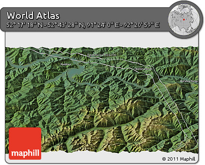 Satellite 3D Map of the Area around 52° 30' 23" N, 91° 52' 30" E