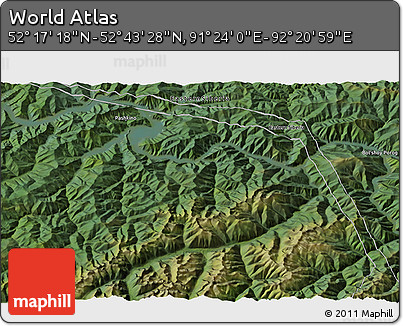Satellite 3D Map of the Area around 52° 30' 23" N, 91° 52' 30" E