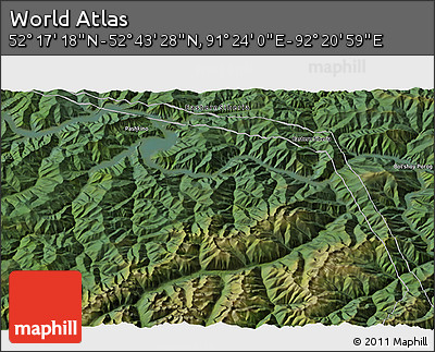 Satellite 3D Map of the Area around 52° 30' 23" N, 91° 52' 30" E