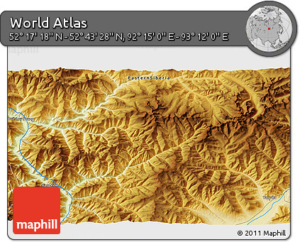 Physical 3D Map of the Area around 52° 30' 23" N, 92° 43' 29" E
