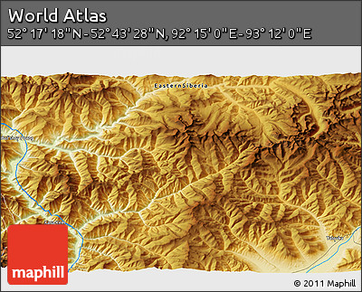 Physical 3D Map of the Area around 52° 30' 23" N, 92° 43' 29" E