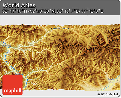 Physical 3D Map of the Area around 52° 30' 23" N, 92° 43' 29" E