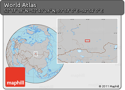 Gray Location Map of the Area around 52° 30' 23" N, 94° 25' 30" E