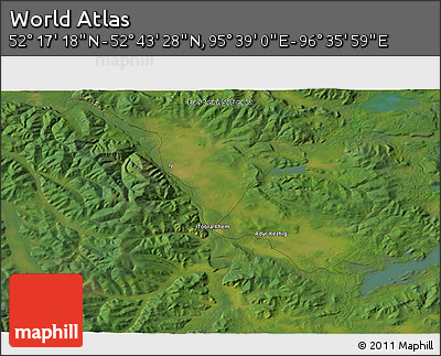 Satellite 3D Map of the Area around 52° 30' 23" N, 96° 7' 30" E