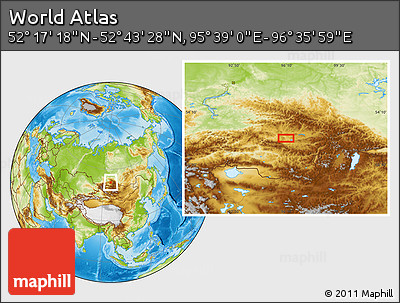 Physical Location Map of the Area around 52° 30' 23" N, 96° 7' 30" E