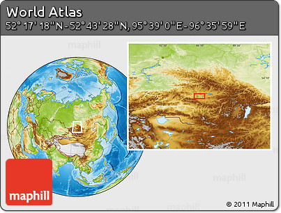 Physical Location Map of the Area around 52° 30' 23" N, 96° 7' 30" E