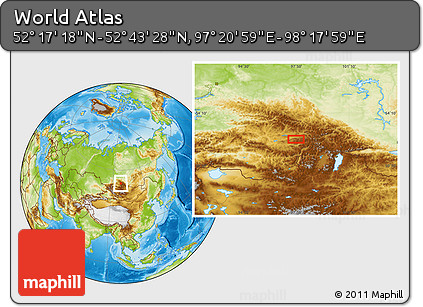Physical Location Map of the Area around 52° 30' 23" N, 97° 49' 29" E