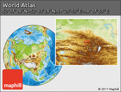 Physical Location Map of the Area around 52° 30' 23" N, 97° 49' 29" E
