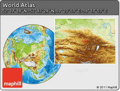 Physical Location Map of the Area around 52° 30' 23" N, 97° 49' 29" E