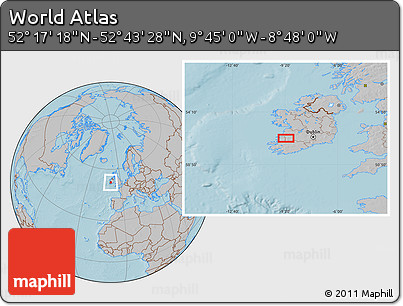 Gray Location Map of the Area around 52° 30' 23" N, 9° 16' 30" W, hill shading