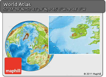 Physical Location Map of the Area around 52° 30' 23" N, 9° 16' 30" W