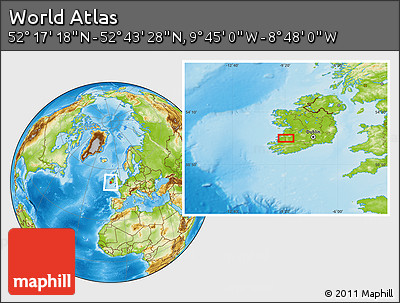 Physical Location Map of the Area around 52° 30' 23" N, 9° 16' 30" W