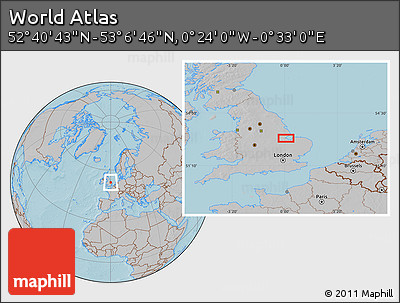 Gray Location Map of the Area around 52° 53' 45" N, 0° 4' 30" E, hill shading