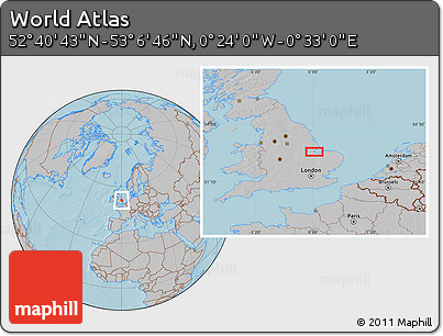 Gray Location Map of the Area around 52° 53' 45" N, 0° 4' 30" E, hill shading