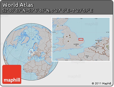 Gray Location Map of the Area around 52° 53' 45" N, 0° 55' 29" E, hill shading