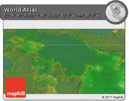 Satellite 3D Map of the Area around 52° 53' 45" N, 100° 13' 29" W