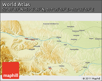 Physical 3D Map of the Area around 52° 53' 45" N, 102° 4' 29" E