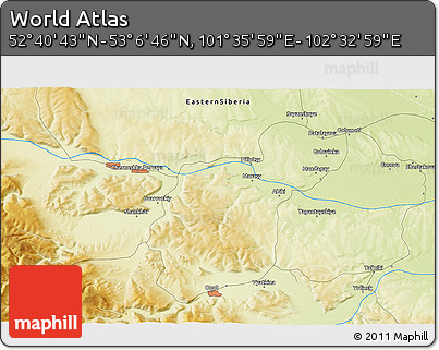 Physical 3D Map of the Area around 52° 53' 45" N, 102° 4' 29" E