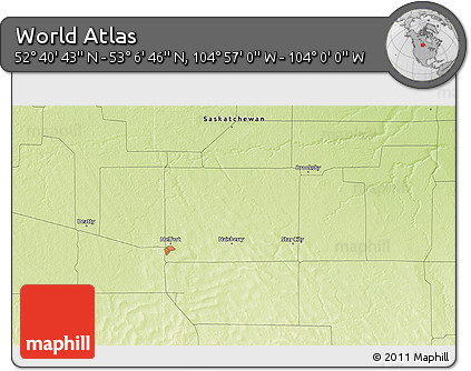 Physical 3D Map of the Area around 52° 53' 45" N, 104° 28' 29" W