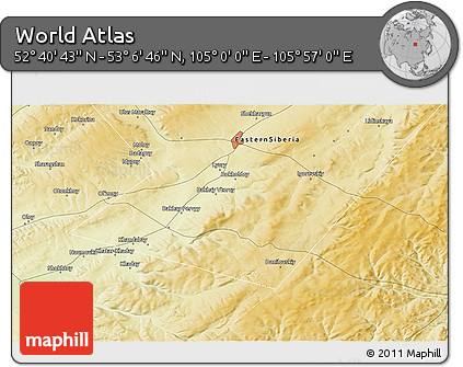 Physical 3D Map of the Area around 52° 53' 45" N, 105° 28' 29" E