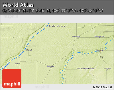 Physical 3D Map of the Area around 52° 53' 45" N, 106° 10' 30" W