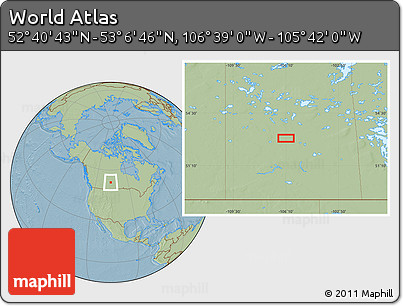 Savanna Style Location Map of the Area around 52° 53' 45" N, 106° 10' 30" W, hill shading