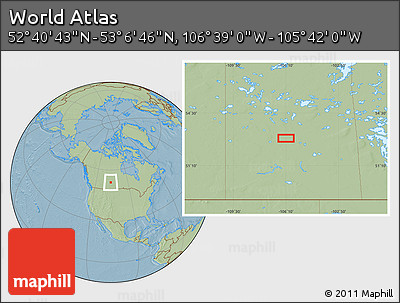 Savanna Style Location Map of the Area around 52° 53' 45" N, 106° 10' 30" W, hill shading