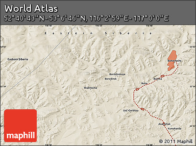 Shaded Relief Map of the Area around 52° 53' 45" N, 116° 31' 30" E