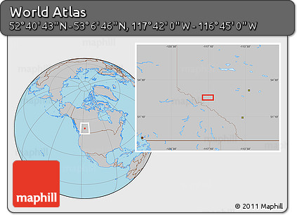 Gray Location Map of the Area around 52° 53' 45" N, 117° 13' 29" W