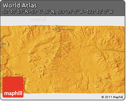 Political 3D Map of the Area around 52° 53' 45" N, 123° 10' 30" W