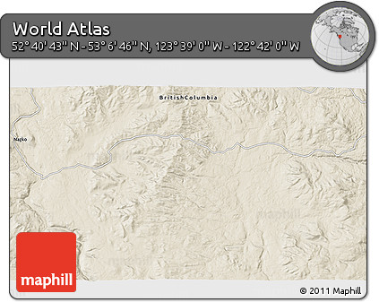 Shaded Relief 3D Map of the Area around 52° 53' 45" N, 123° 10' 30" W