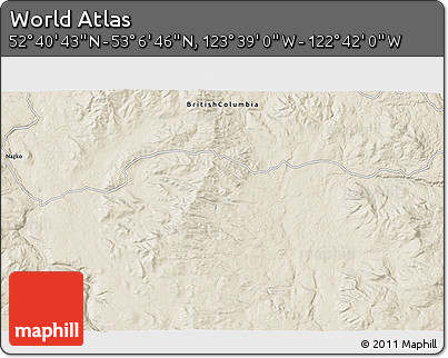 Shaded Relief 3D Map of the Area around 52° 53' 45" N, 123° 10' 30" W