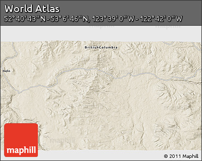 Shaded Relief 3D Map of the Area around 52° 53' 45" N, 123° 10' 30" W
