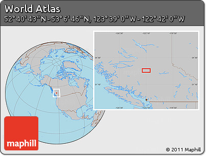Gray Location Map of the Area around 52° 53' 45" N, 123° 10' 30" W