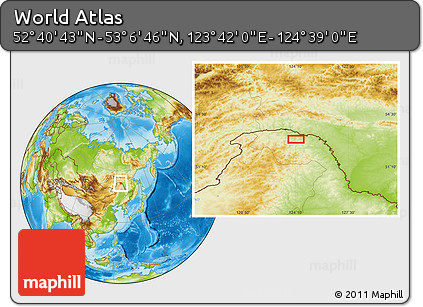 Physical Location Map of the Area around 52° 53' 45" N, 124° 10' 30" E