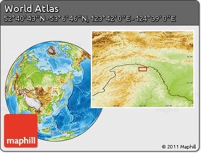 Physical Location Map of the Area around 52° 53' 45" N, 124° 10' 30" E